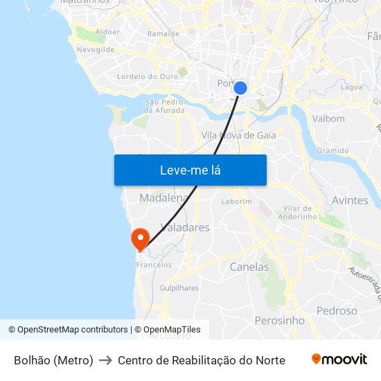 Bolhão (Metro) to Centro de Reabilitação do Norte map