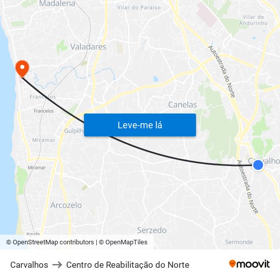 Carvalhos to Centro de Reabilitação do Norte map