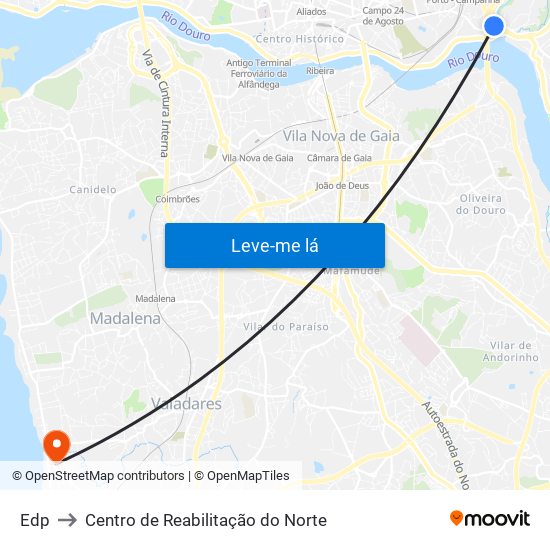 Edp to Centro de Reabilitação do Norte map