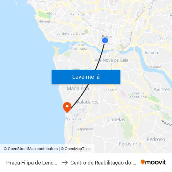 Praça Filipa de Lencastre to Centro de Reabilitação do Norte map