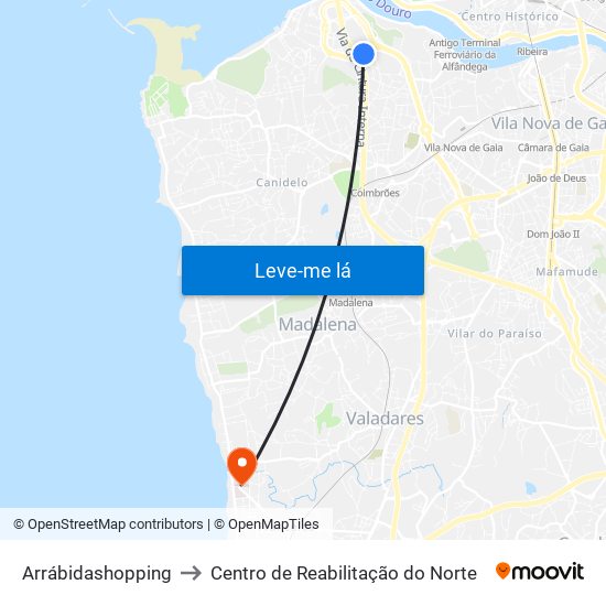 Arrábidashopping to Centro de Reabilitação do Norte map