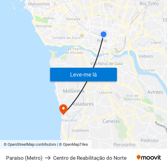 Paraíso (Metro) to Centro de Reabilitação do Norte map