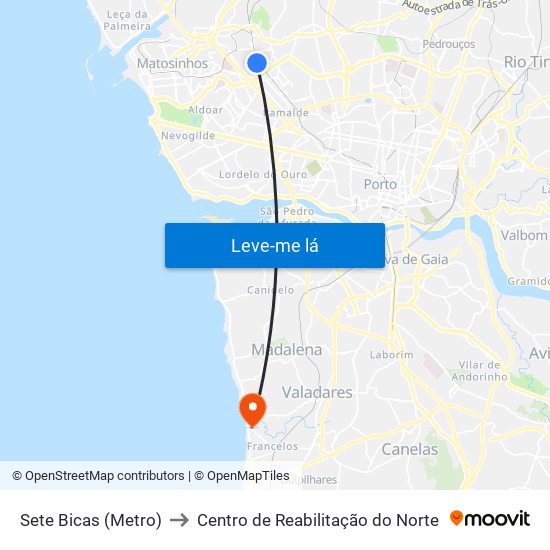 Sete Bicas (Metro) to Centro de Reabilitação do Norte map