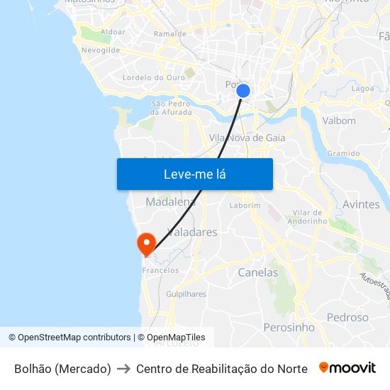 Bolhão (Mercado) to Centro de Reabilitação do Norte map