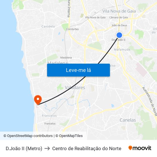 D.João II (Metro) to Centro de Reabilitação do Norte map