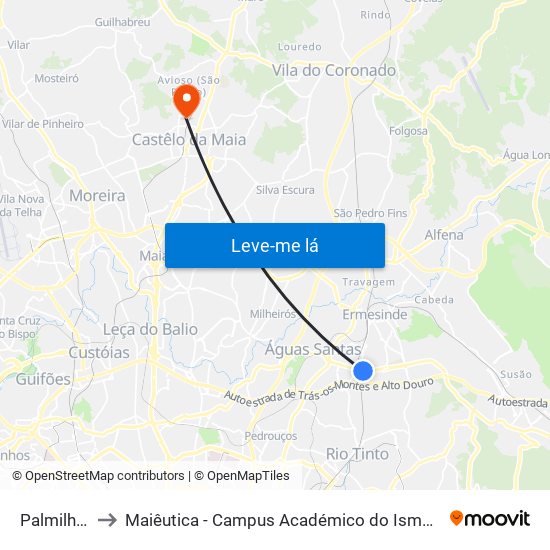 Palmilheira to Maiêutica - Campus Académico do Ismai e Ipmaia map