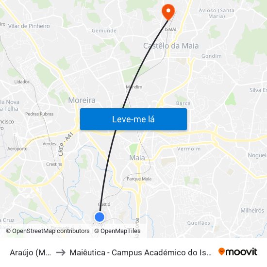 Araújo (Metro) to Maiêutica - Campus Académico do Ismai e Ipmaia map