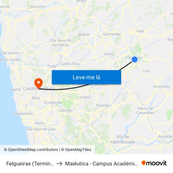 Felgueiras (Terminal Rodoviário) to Maiêutica - Campus Académico do Ismai e Ipmaia map