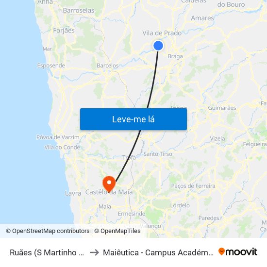 Ruães (S Martinho Tibães-Verdes) to Maiêutica - Campus Académico do Ismai e Ipmaia map