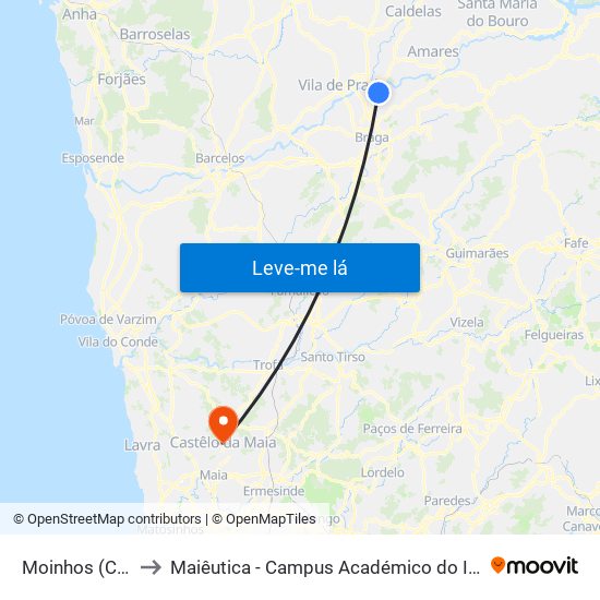 Moinhos (Capela) to Maiêutica - Campus Académico do Ismai e Ipmaia map