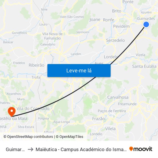 Guimarães to Maiêutica - Campus Académico do Ismai e Ipmaia map