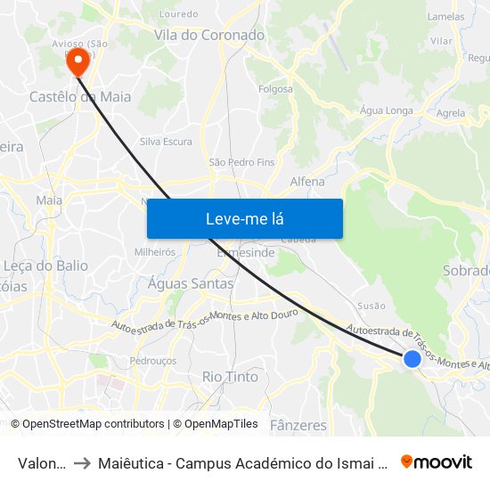 Valongo to Maiêutica - Campus Académico do Ismai e Ipmaia map