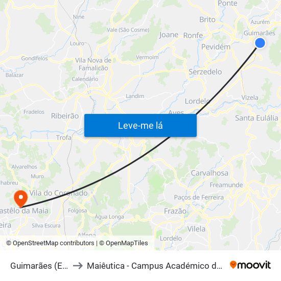 Guimarães (Estação) to Maiêutica - Campus Académico do Ismai e Ipmaia map