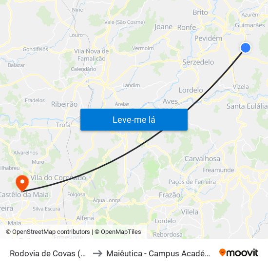 Rodovia de Covas (Covas (Estação)) to Maiêutica - Campus Académico do Ismai e Ipmaia map