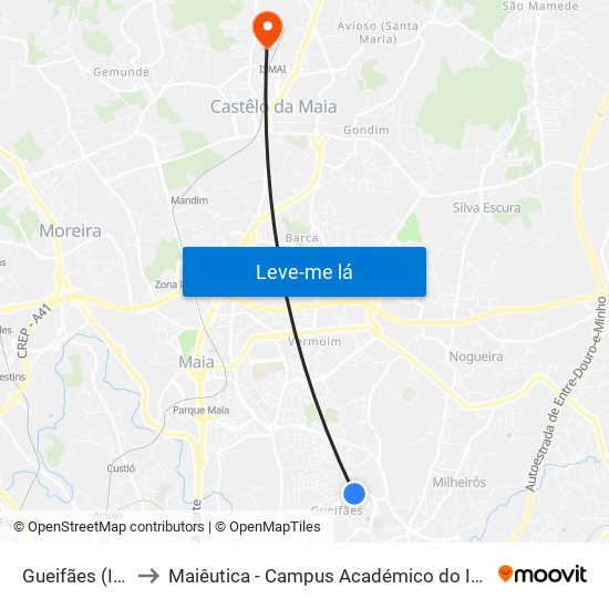 Gueifães (Igreja) to Maiêutica - Campus Académico do Ismai e Ipmaia map