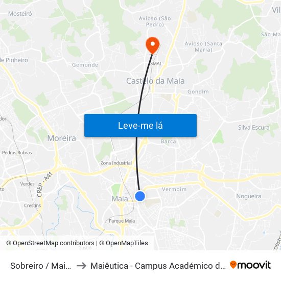 Sobreiro / Maia (Plaza) to Maiêutica - Campus Académico do Ismai e Ipmaia map