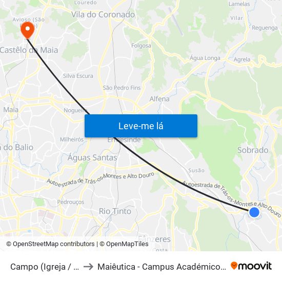 Campo (Igreja / Cemitério) to Maiêutica - Campus Académico do Ismai e Ipmaia map