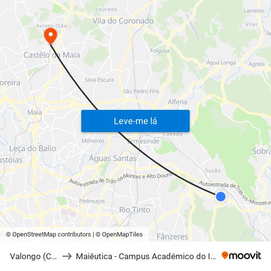 Valongo (Centro) to Maiêutica - Campus Académico do Ismai e Ipmaia map