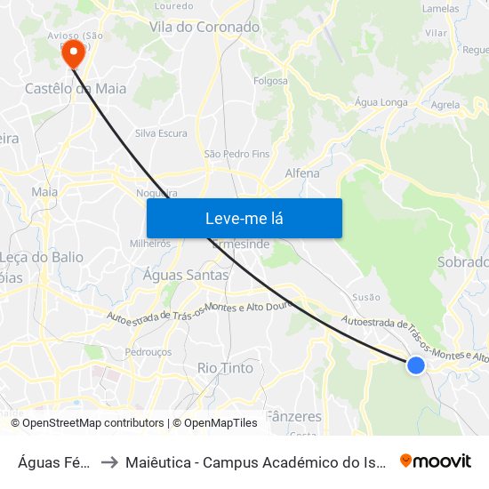 Águas Férreas to Maiêutica - Campus Académico do Ismai e Ipmaia map