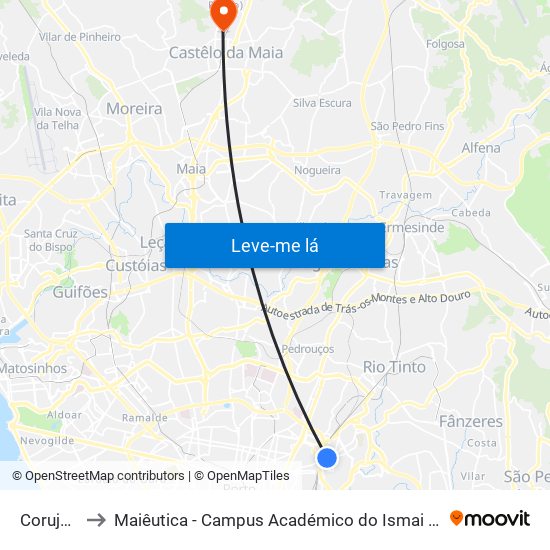 Corujeira to Maiêutica - Campus Académico do Ismai e Ipmaia map