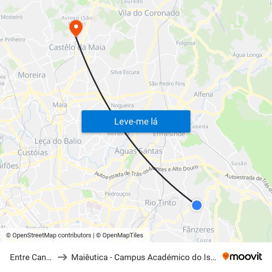 Entre Cancelas to Maiêutica - Campus Académico do Ismai e Ipmaia map