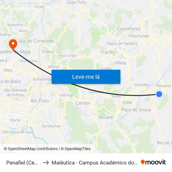 Penafiel (Cemitério) to Maiêutica - Campus Académico do Ismai e Ipmaia map