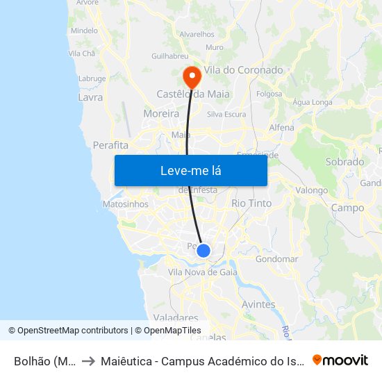 Bolhão (Metro) to Maiêutica - Campus Académico do Ismai e Ipmaia map