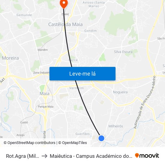 Rot.Agra (Milheirós) to Maiêutica - Campus Académico do Ismai e Ipmaia map