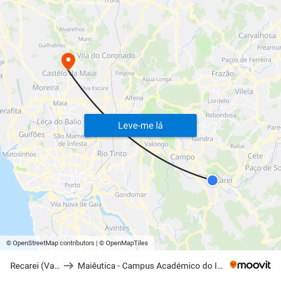 Recarei (Valvide) to Maiêutica - Campus Académico do Ismai e Ipmaia map