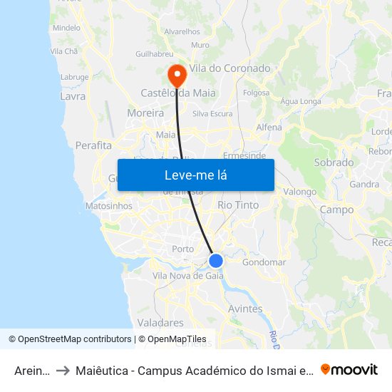 Areinho to Maiêutica - Campus Académico do Ismai e Ipmaia map