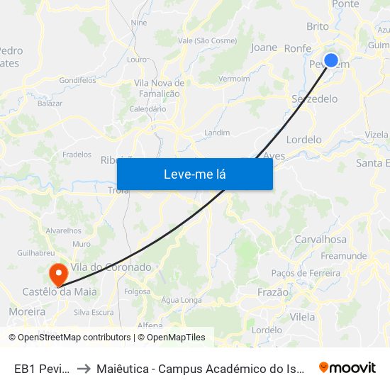 EB1 Pevidém to Maiêutica - Campus Académico do Ismai e Ipmaia map