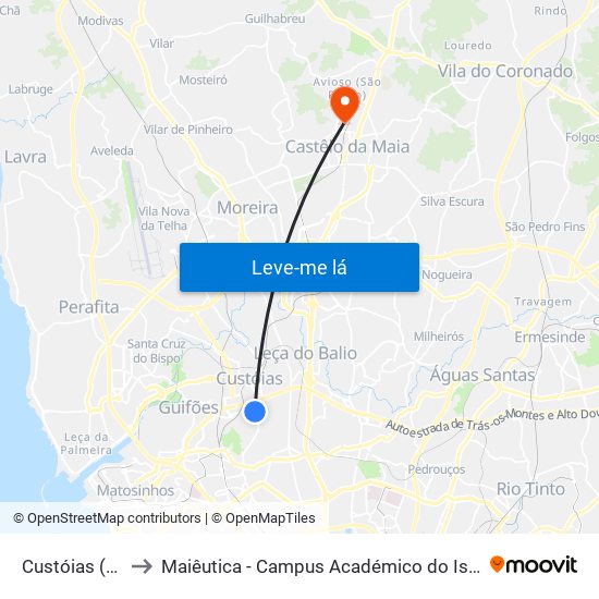 Custóias (Feira) to Maiêutica - Campus Académico do Ismai e Ipmaia map
