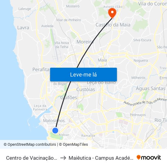 Centro de Vacinação (ADR Matosinhos) to Maiêutica - Campus Académico do Ismai e Ipmaia map