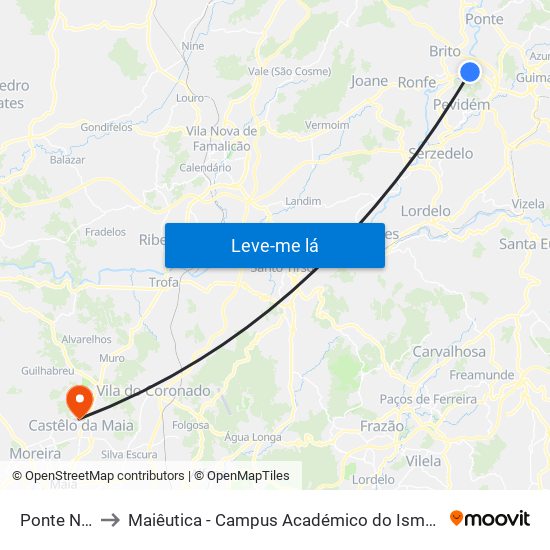 Ponte Nova to Maiêutica - Campus Académico do Ismai e Ipmaia map