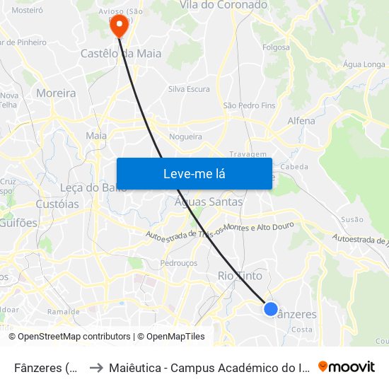 Fânzeres (Metro) to Maiêutica - Campus Académico do Ismai e Ipmaia map