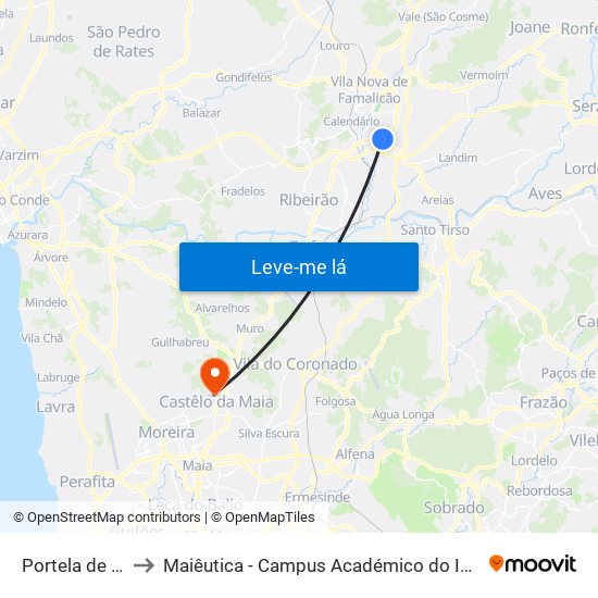 Portela de Baixo to Maiêutica - Campus Académico do Ismai e Ipmaia map