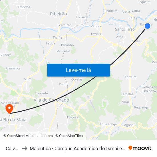 Calvelo to Maiêutica - Campus Académico do Ismai e Ipmaia map