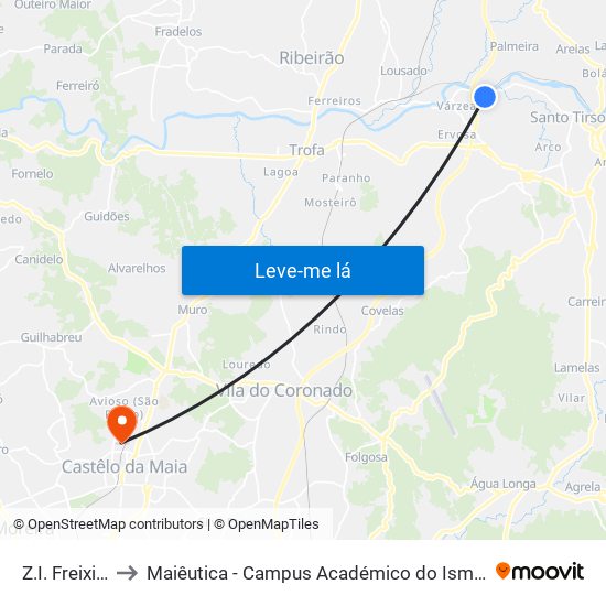 Z.I. Freixieiro to Maiêutica - Campus Académico do Ismai e Ipmaia map