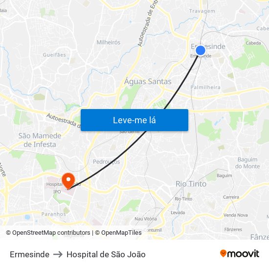 Ermesinde to Hospital de São João map