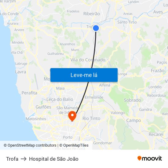 Trofa to Hospital de São João map