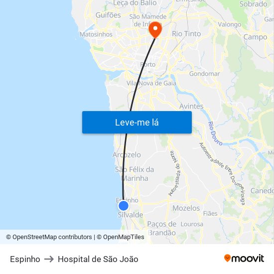 Espinho to Hospital de São João map
