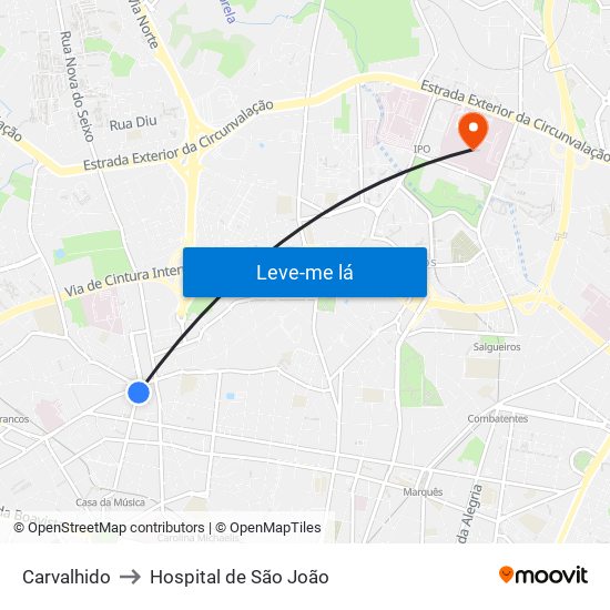 Carvalhido to Hospital de São João map