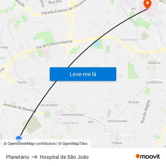Planetário to Hospital de São João map