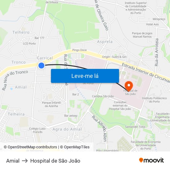 Amial to Hospital de São João map