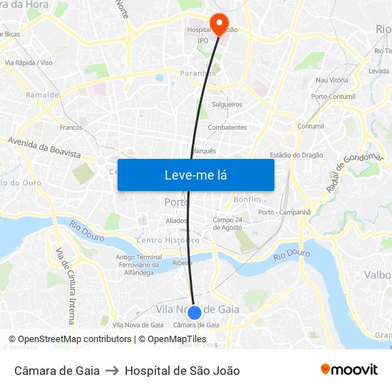 Câmara de Gaia to Hospital de São João map