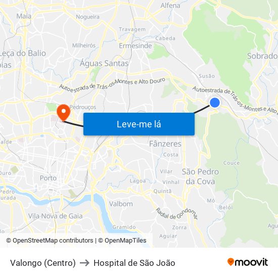 Valongo (Centro) to Hospital de São João map