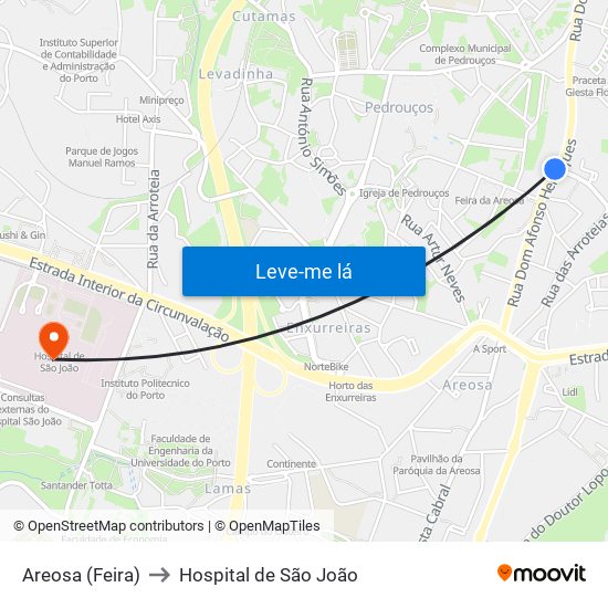 Areosa (Feira) to Hospital de São João map