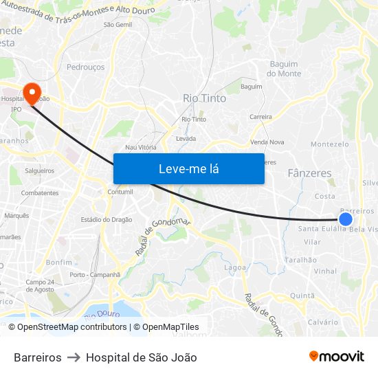 Barreiros to Hospital de São João map