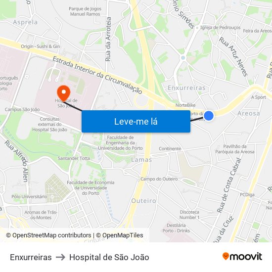 Enxurreiras to Hospital de São João map