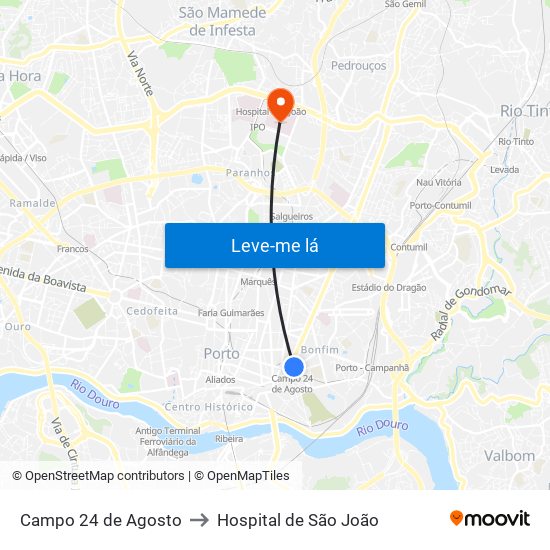 Campo 24 de Agosto to Hospital de São João map